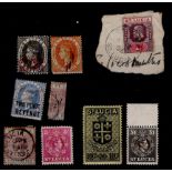 St Lucia selection of stamps and revenues on stockcard, noted bisect, values to 10s, £1, varied