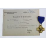 German 40 year Faithful Service Medal with award document to Ternes Peter award 13.11.1939.