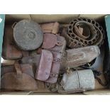 WW1 military equipment including a pair of leather pouches probably French, WW1 miners lamp, 1915