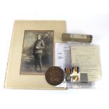 WW1 Casualty BWM & Victory Medal with Memorial Plaque, Memorial Scroll, large portrait photo in