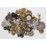 Badges, shoulder titles, buttons, etc. A very mixed lot with better noted inc a good unmarked silver