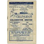 Gillingham v Colchester 19th August 1950 3rd Div. First League game. Rare