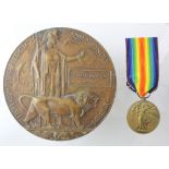 Victory Medal and Death Plaque to 7-1536 Pte James William Brown Durham L.I. Killed In Action 24/5/