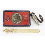 Boer War South Africa 1900 gift tin, 1901 dated trench whistle and Boer War paperknife (tin contains
