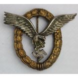 German Luftwaffe Pilots badge, Combined Pilot / Obs with unusual semi stamped out rear wreath