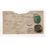 GB postal history 1874 cover to Peru franked 6d grey Plate 13 SG.147 and 1s green Plate 9 SG.150