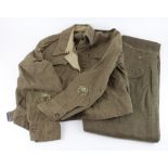 WW2 1940 pattern battledress blouse 1943 dated with RSM sleeve badges comes with a pair of 1940