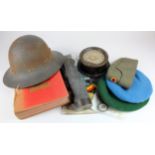 Crate of various Militaria inc trench art "lighthouse" lighter, WW2 Fire watchers helmet, vintage