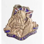 Munitions Workers patriotic brass & enamel badge shows a woman making munitions - WW1 period.