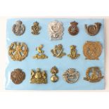 Cap Badges on a blue card - inc Victorian, Economy and Volunteers. (15)