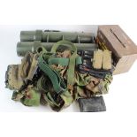 Box of modern Militaria to include 50 Cal tin, mortar carrier, Combat Jacket, slings, minimi pouches
