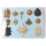 Cap Badges on a blue card - inc Guards, Cyclists, Rifle Volunteers. (12)