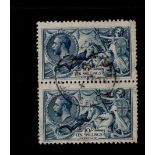 GB 1915 De La Rue Seahorses 10s stamps, SG.412, vertical pair CDS postmark, some close or missing