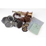Various Militaria inc a Bugle by George Potter & Co Aldershot 1940 with W/D arrow stamp. 1942