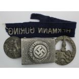 German WW2 items inc Army Belt Buckle maker marked 'GHO'. Day Badge, part of a Hermann Goring arm