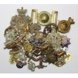 Cap badges, helmet plate, belt buckle, Masonic, etc. Good lot of interesting items (Qty)