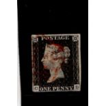 GB 1840 1d Penny Black (C-D) identified as likely Plate 6, 4 margins, no tears thins or creases, red