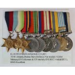 Group mounted as worn - 1939-45 Star, Atlantic Star, Burma Star, Defence Medal, war Medal, GVI Naval