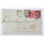 GB Postal History - 1868 cover London to Madrid with 2x 3d rose stamps Plate 5, SG103, London EC