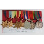 Group mounted as worn - 1939-45 Star, Atlantic Star, Africa Star, Burma Star, War Medal, Africa