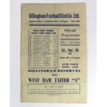 Gillingham Res v West Ham United "A" 9th Sept 1950 single sheet programme