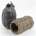 WW1 No 5 Mk. 1 Mills hand grenade with WW1 Batty grenade, both deactivated.