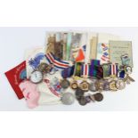 Small tub of various items inc medals, pocket watch, buffalo medals, postcards, etc. Medals