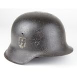 German M42 raw edge steel helmet, SS single decal, with liner & chinstrap, overall light surface