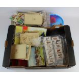 Crate containing large accumulation of cards in box, tin, albums, pages, bag, etc, very mixed