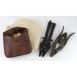 WW2 field saw in leather case with pair of 1944 pattern wire cutters and a pair of WW2 folding
