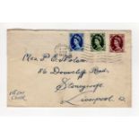 GB first day cover 1954 definitives 9d, 10d, 11d, 8 Feb 1954, on cover of a Liverpool chemist but