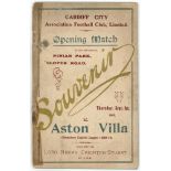 Cardiff City v Aston Villa 1st September 1910, 1st match at Ninian Park. Tape repair. Rare