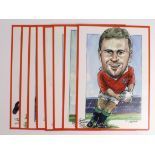 Welsh Rugby Cards - scarce set of 8 colour 8"x6" Caricature cards privately produced by Rugby