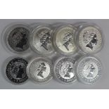 Australia one ounce Kangaroos (5) along with Kookaburras (3). All BU in hard plastic capsules