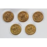 Half Sovereigns (5) 1908, 09, 10 & 1914x2. Average GVF