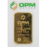 Gold Bar. One Troy Ounce (0.9999 Fine gold). In a "OPM Metals" sealed card