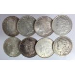 USA Morgan Silver Dollars (8): 1881S UNC (bagmarks), 1882S UNC, 1883CC Fine (scarce), 1887 AU,