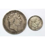 George III silver (2): Crown 1820 LX VG, and Shilling 1817 RRIT flaw, VF, scuffed.