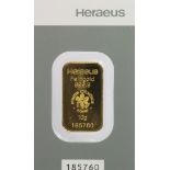Gold Bar. 10g (0.9999 Fine gold). In a "Heraues" sealed card