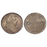 Sixpence 1697, first bust, late harp, small crowns, S.3531, lightly toned EF, weak strike.
