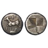 Ancient Greek silver hemidrachm of Bithynia, Kalchedon obverse:- Bull walking left, on ear of
