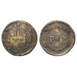 Token, 17thC: The token known as Uncertain 66, with initials P.C. and church on reverse, believed to