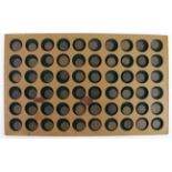 Scandinavian Copper & Bronze Coins (60) in a home-made wooden tray, 18th to 20thC, mixed grade.