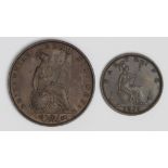 Victoria (2): Halfpenny 1838 S.3949 EF, a few light scratches, and Farthing 1860 S.3958 toothed