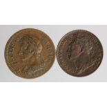 Farthing 1665 Charles II copper pattern GF, plus Farthing 1823 VF