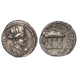 Roman Republican silver denarius, struck Rome 67 BC, of M. Plaetorius M.f. Cestianus. Turreted