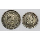 British Essequibo & Demerary 2x George III silver minors: 1/4 Guilder 1816, KM# 11, VF, and 1/2