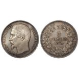 France silver 5 Francs 1852A 'LOUIS-NAPOLEON BONAPARTE', KM# 773.1, lightly toned AU