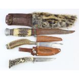 Knives - Sheath Knife, blade 6" rusted in it's furry leather scabbard, horn grip. Small Sheath Knife