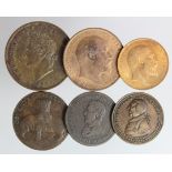 GB Copper & Bronze (6): Penny 1826 plain saltire VF, Penny 1902 EF, Halfpenny 1904 AU, Coventry Lady
